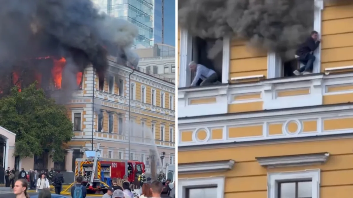 L'incendio all'Accademia delle scienze di Kiev: i civili aggrappati alle finestre